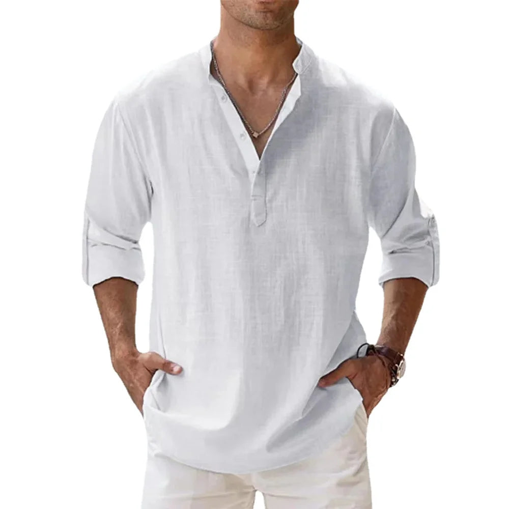 New Cotton Linen Shirts for Men Casual Shirts Lightweight Long Sleeve Henley Beach Shirts Hawaiian T Shirts for Men Streetwear