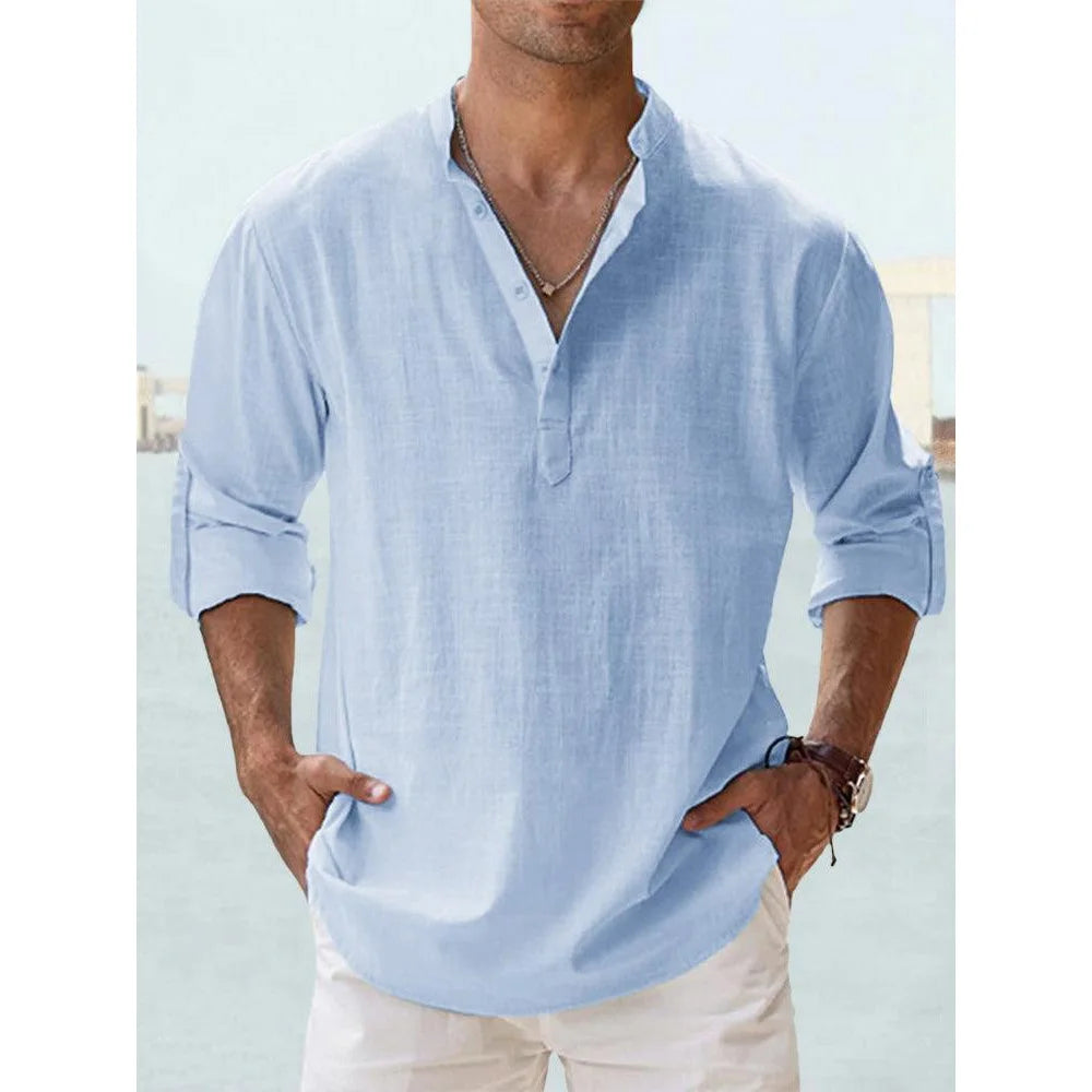 New Cotton Linen Shirts for Men Casual Shirts Lightweight Long Sleeve Henley Beach Shirts Hawaiian T Shirts for Men Streetwear