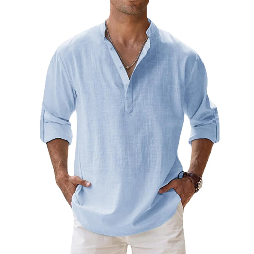 New Cotton Linen Shirts for Men Casual Shirts Lightweight Long Sleeve Henley Beach Shirts Hawaiian T Shirts for Men Streetwear