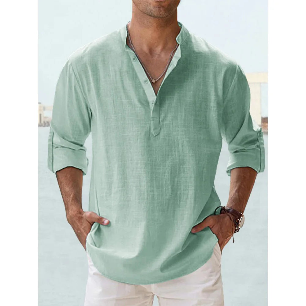 New Cotton Linen Shirts for Men Casual Shirts Lightweight Long Sleeve Henley Beach Shirts Hawaiian T Shirts for Men Streetwear